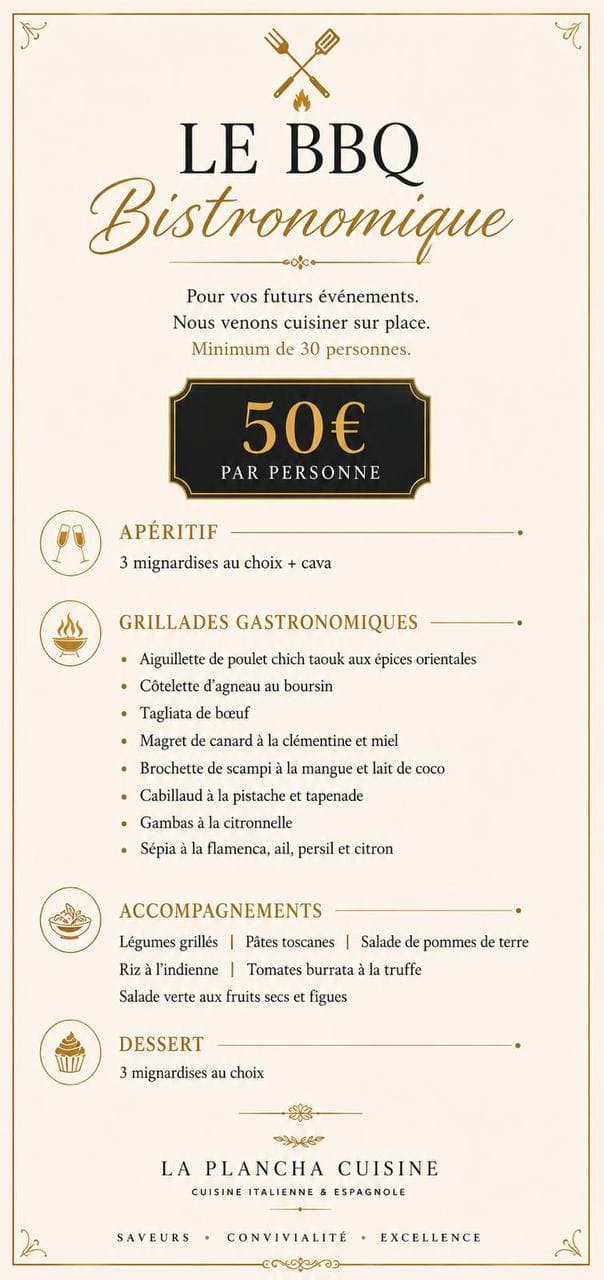 Menu du BBQ bistronomique à 50 € par personne
