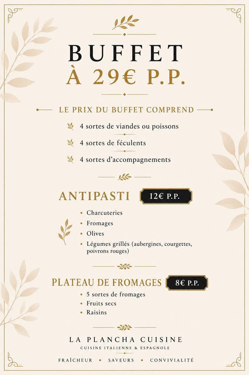 Buffet à 29 € par personne, ce que comprend la formule