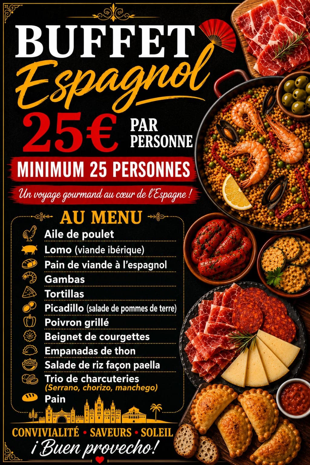 Menu du buffet espagnol à 25 € par personne
