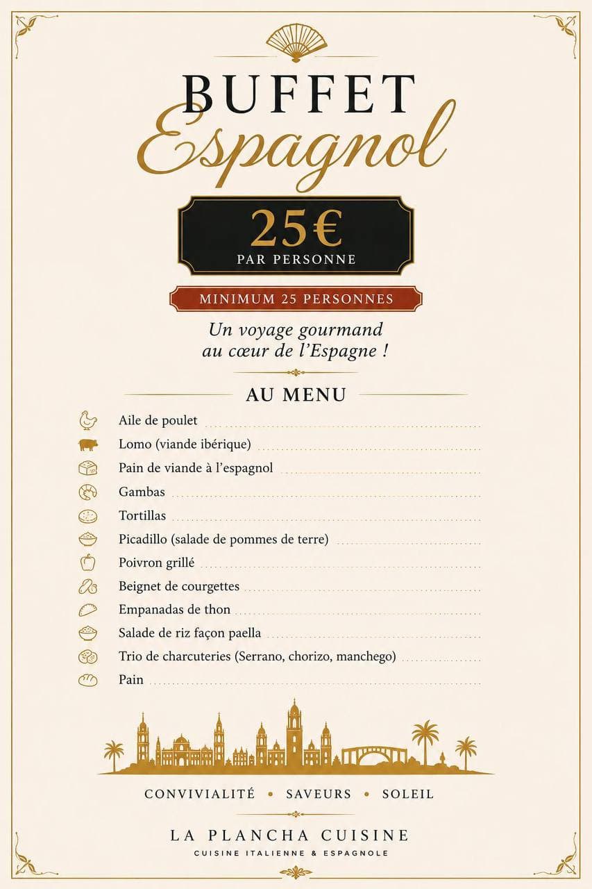 Menu du buffet espagnol à 25 € par personne