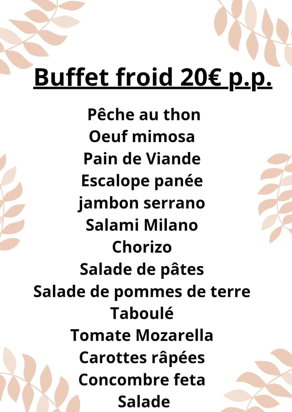 Menu buffet froid classique à 20 € par personne