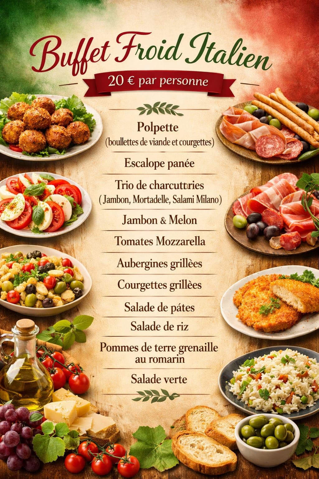 Menu buffet froid italien à 20 € par personne