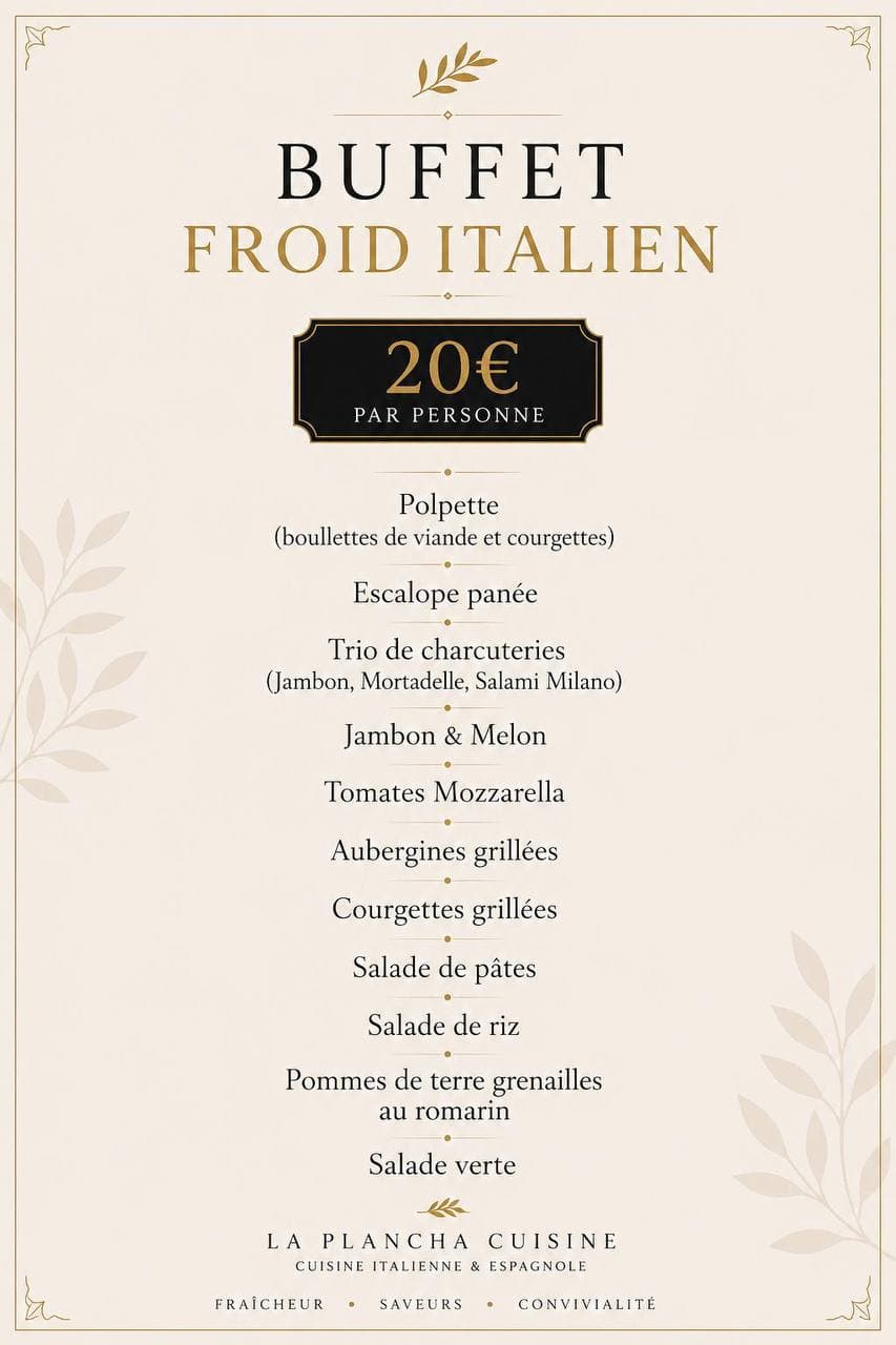 Menu buffet froid italien à 20 € par personne