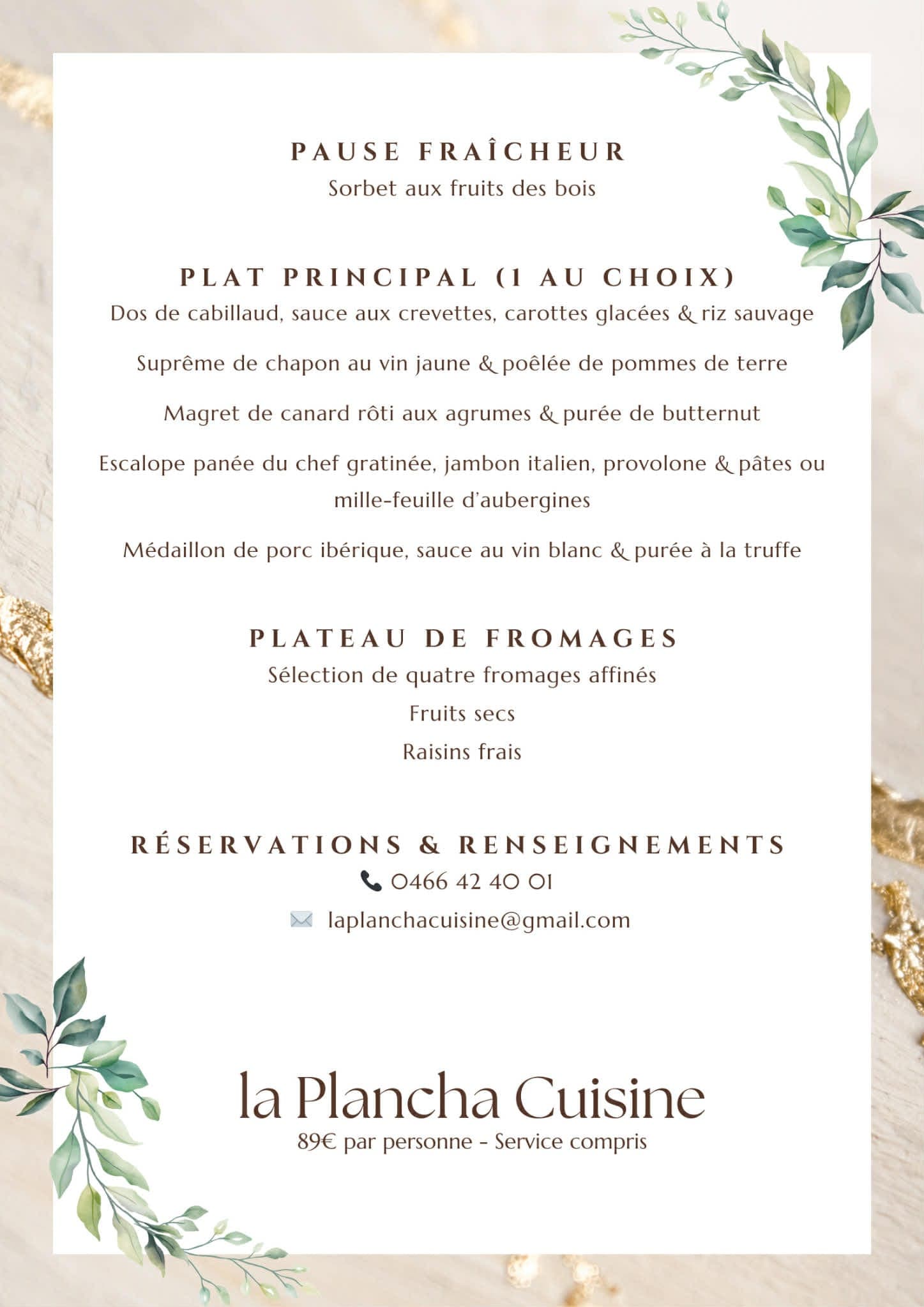 Menu de mariage La Plancha Cuisine, plat principal et plateau de fromages